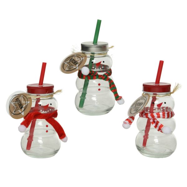 Glass Drinking Jar - Snowman With Fabric Scarf